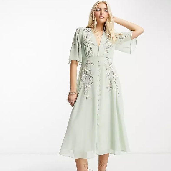 ASOS Hope and Ivy embroidered plunge flutter sleeve midi dress in sage - Picture 1 of 2